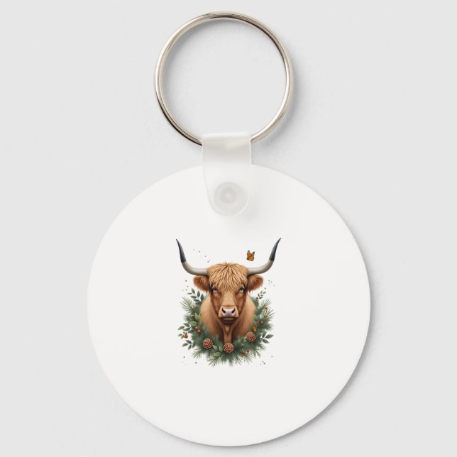 Scottish Highland Cow Cattle Hairy Cow Christmas W Keychain (Front)