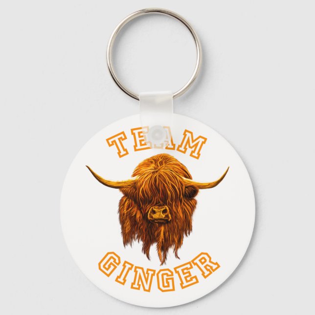 Scottish Highland Cow Celebrates Team Ginger Keychain (Front)