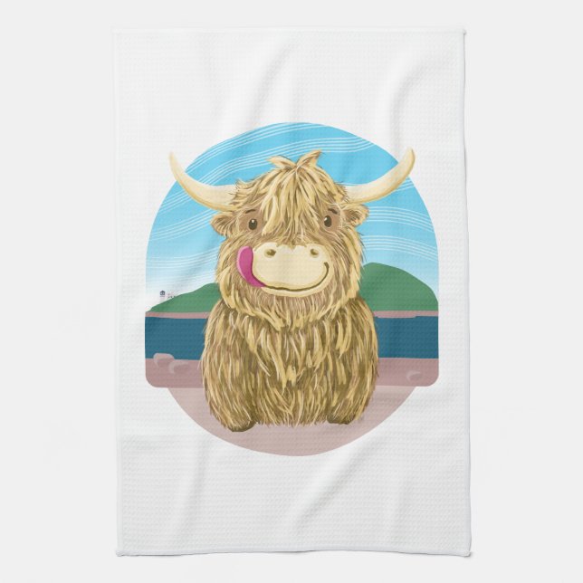 Scottish Highland Cow, Chilling On The Beach Kitchen Towel (Vertical)