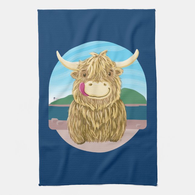 Scottish Highland Cow, Chilling On The Beach Kitchen Towel (Vertical)
