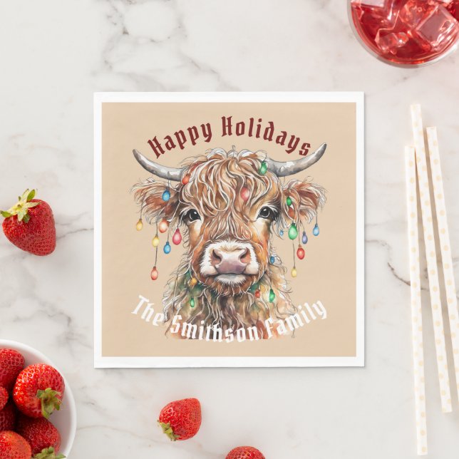 Scottish Highland Cow Christmas Lights Napkin (Insitu)
