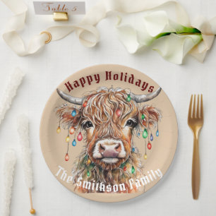 Scottish Highland Cow Christmas Lights Paper Plate