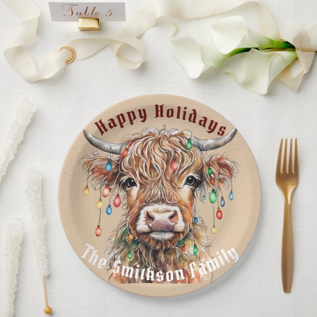 Scottish Highland Cow Christmas Lights Paper Plate (Wedding)