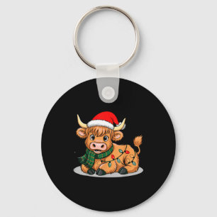 Scottish Highland Cow Christmas Lights Xmas Party Keychain