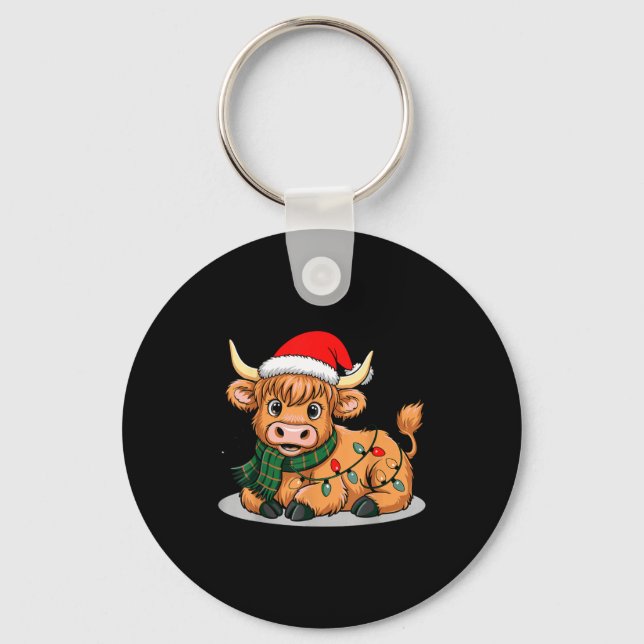 Scottish Highland Cow Christmas Lights Xmas Party  Keychain (Front)
