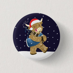 Scottish Highland Cow Christmas Piper 1 Inch Round Button