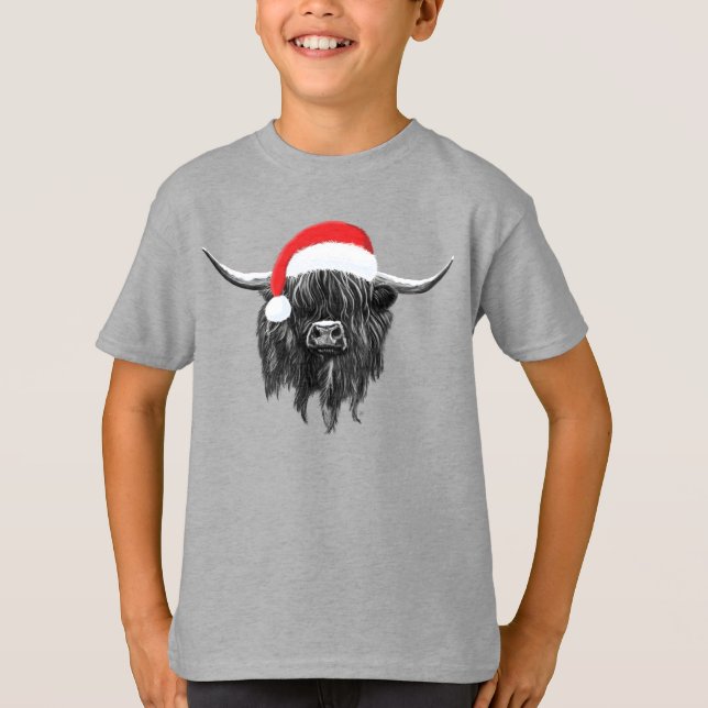Scottish Highland Cow Christmas Santa Hat T-shirt (Front)