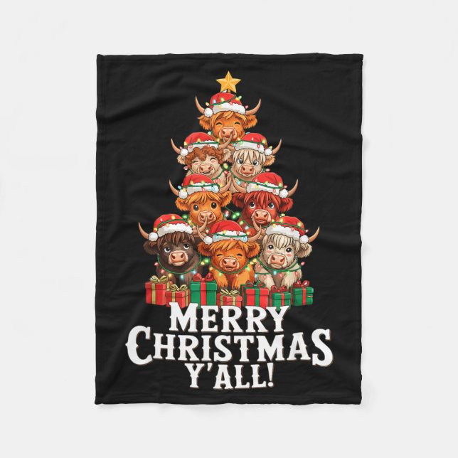 Scottish Highland Cow Christmas Tree Funny Cow Lov Fleece Blanket (Front)