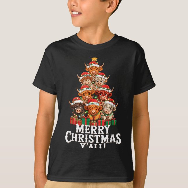 Scottish Highland Cow Christmas Tree Funny Cow Lov T-Shirt (Front)