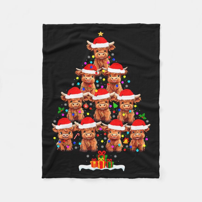 Scottish Highland Cow Christmas Tree Lights Xmas P Fleece Blanket (Front)