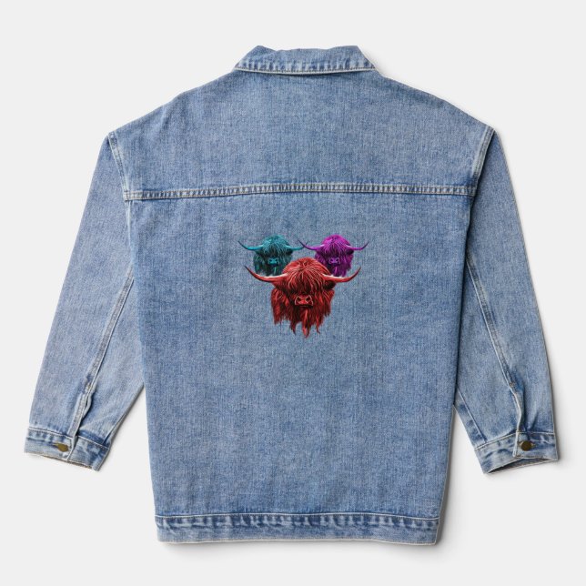 Scottish Highland Cow Colourful Herd Classic T-Shi Denim Jacket (Back)