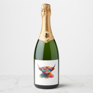 Scottish Highland Cow, Cowboy Boots & Flowers Clas Sparkling Wine Label