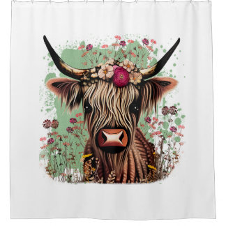 Scottish Highland Cow Floral Shower Curtain