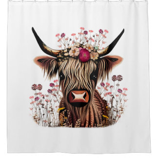 Scottish Highland Cow Floral Shower Curtain Cows