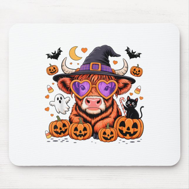 Scottish Highland Cow Ghost Pumpkin Candy Hallowee Mouse Pad (Front)