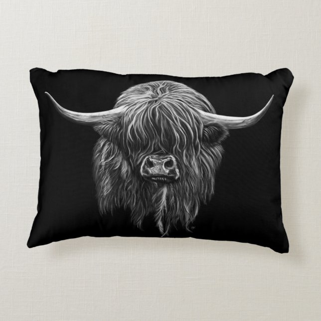 Scottish Highland Cow In Black And White Accent Pillow (Back)