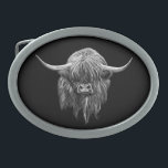Scottish Highland Cow In Black And White Belt Buckle<br><div class="desc">Scottish Highland Cows are the furriest, hairiest, most loveable cattle to roam Scotland’s hillsides. I spotted this little fellow when I was filming in Kintyre, Scotland. Whilst his brothers were paying no heed to the camera, this little beastie kept coming up to be star of the show. I christened him...</div>
