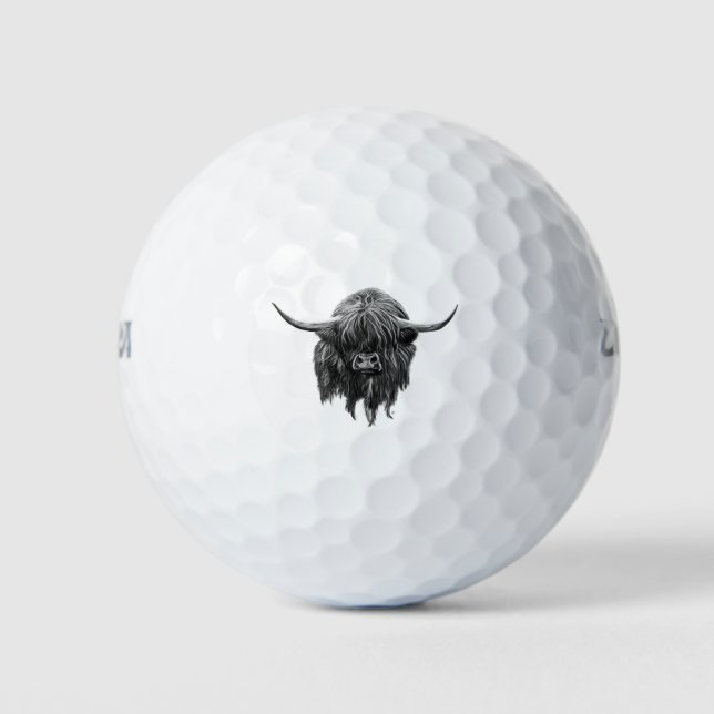 Scottish Highland Cow In Black And White Golf Balls (Front)