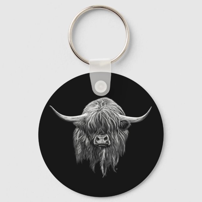 Scottish Highland Cow In Black And White Keychain (Front)