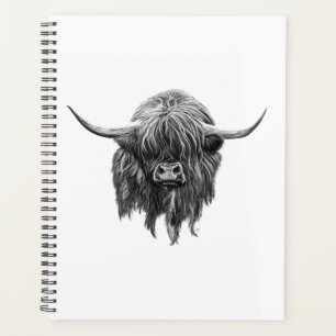 Scottish Highland Cow In Black And White Planner