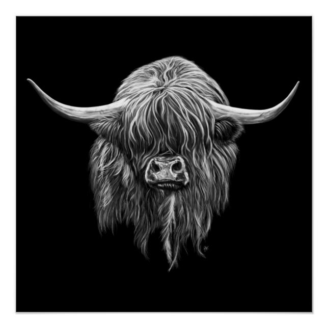 Scottish Highland Cow In Black And White Poster (Front)