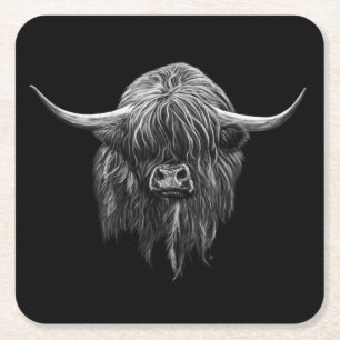 Scottish Highland Cow In Black And White Square Paper Coaster