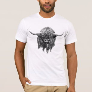 Scottish Highland Cow In Black And White T-Shirt