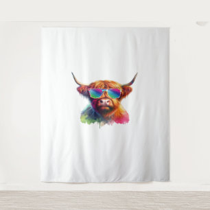 Scottish Highland Cow in Sunglasses Colorful Water Tapestry