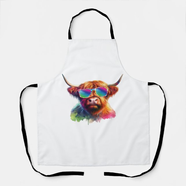 Scottish Highland Cow in Sunglasses Colourful Wate Apron (Front)