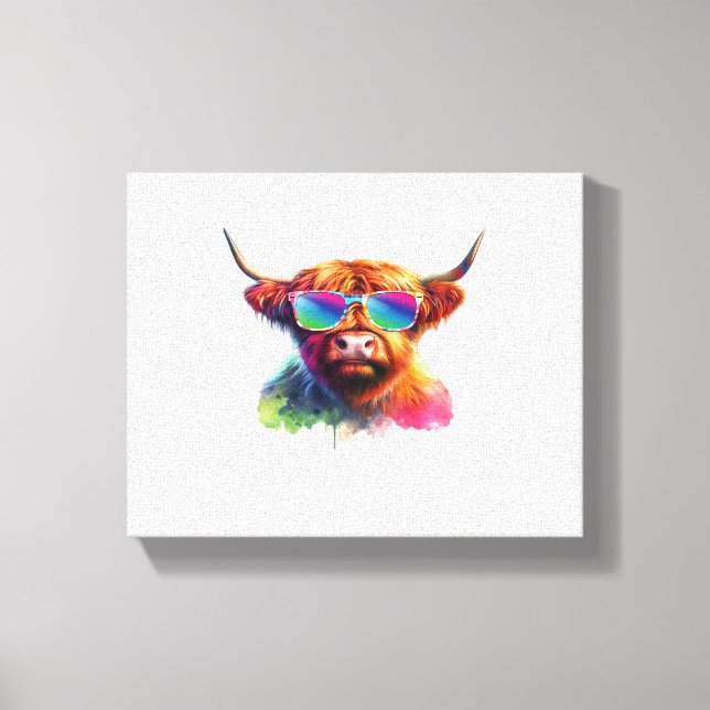 Scottish Highland Cow in Sunglasses Colourful Wate Canvas Print (Front)