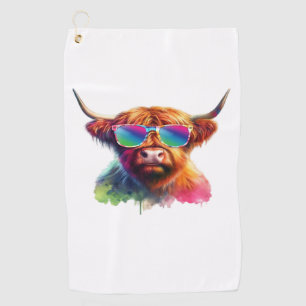 Scottish Highland Cow in Sunglasses Colourful Wate Golf Towel