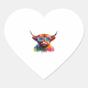 Scottish Highland Cow in Sunglasses Colourful Wate Heart Sticker
