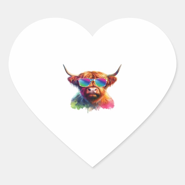 Scottish Highland Cow in Sunglasses Colourful Wate Heart Sticker (Front)
