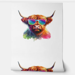 Scottish Highland Cow in Sunglasses Colourful Wate Wallpaper
