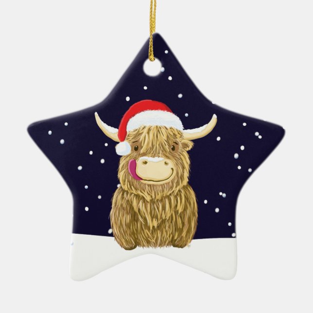 Scottish Highland Cow In The Christmas Snow Ceramic Ornament (Front)