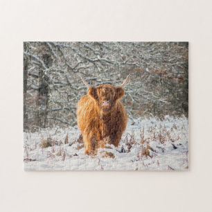 Scottish Highland cow in the snow Jigsaw Puzzle