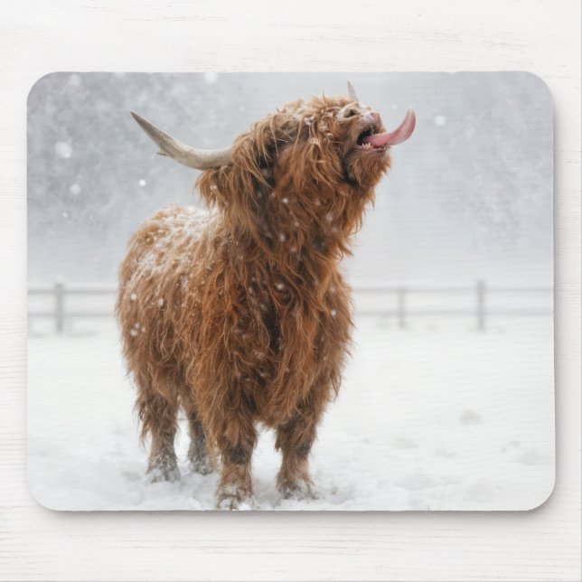 Scottish Highland Cow Licking Snowflakes Mouse Pad (Front)