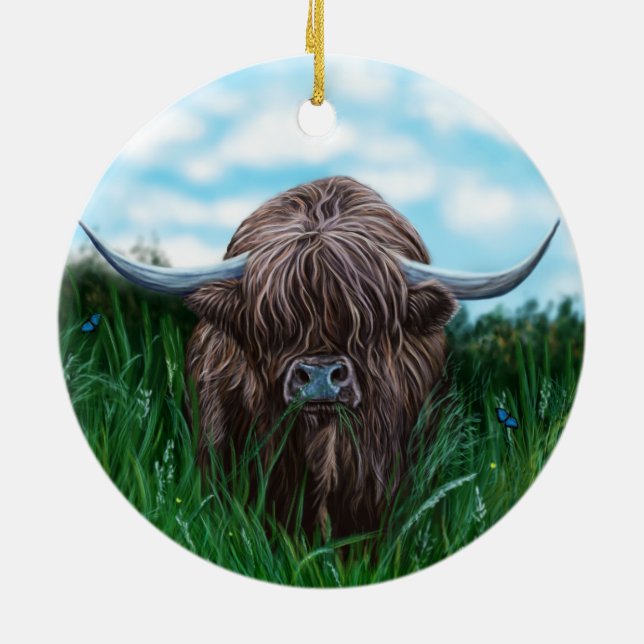 Scottish Highland Cow Painting Ceramic Ornament (Back)