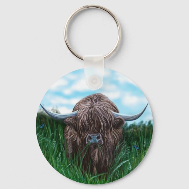 Scottish Highland Cow Painting Keychain (Front)