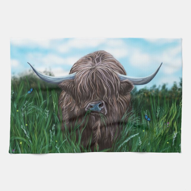 Scottish Highland Cow Painting Kitchen Towel (Horizontal)