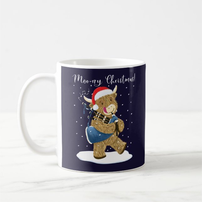 Scottish Highland Cow Plays Christmas Bagpipes Coffee Mug (Left)