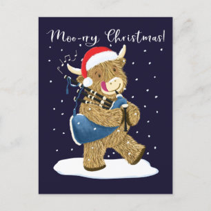 Scottish Highland Cow Plays Christmas Bagpipes Holiday Postcard