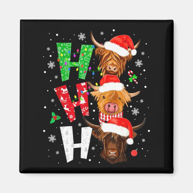Scottish Highland Cow Print Ho Ho Ho Christmas Paj Magnet (Front)