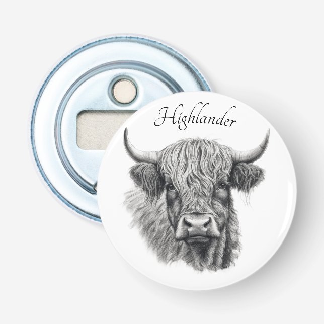 Scottish Highland Cow Sketch customizable Bottle Opener (Front)