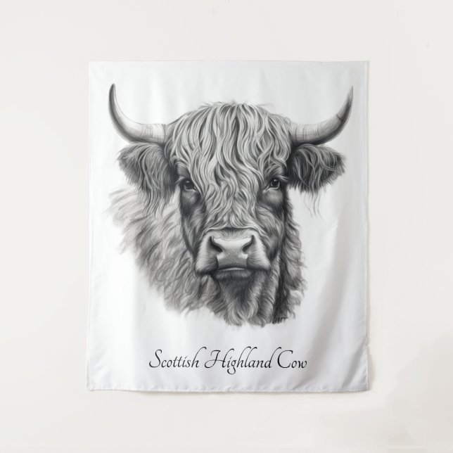 Scottish Highland Cow Sketch customizable Tapestry (Front)