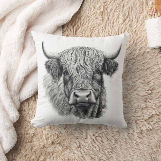 Scottish Highland Cow Sketch Throw Pillow (Blanket)