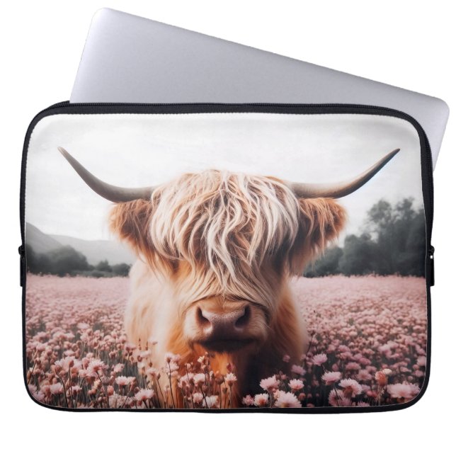 Scottish Highland Cow Wildflower Field Laptop Sleeve (Front)