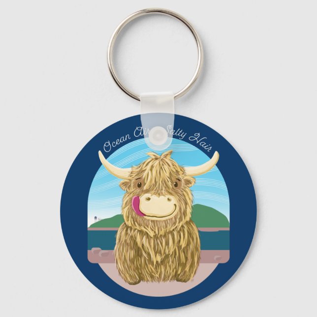 Scottish Highland Cow With Ocean Salty Hair Keychain (Front)