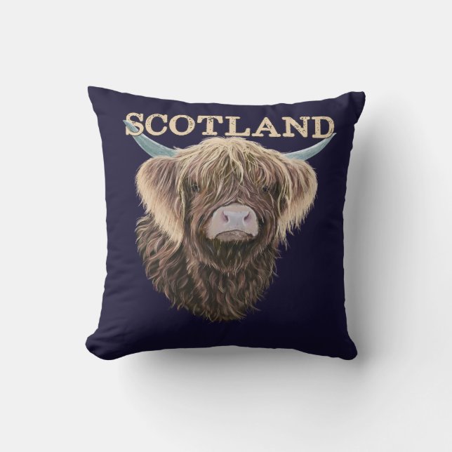 Scottish Highland Cow With Scotland Slogan Throw Pillow (Front)