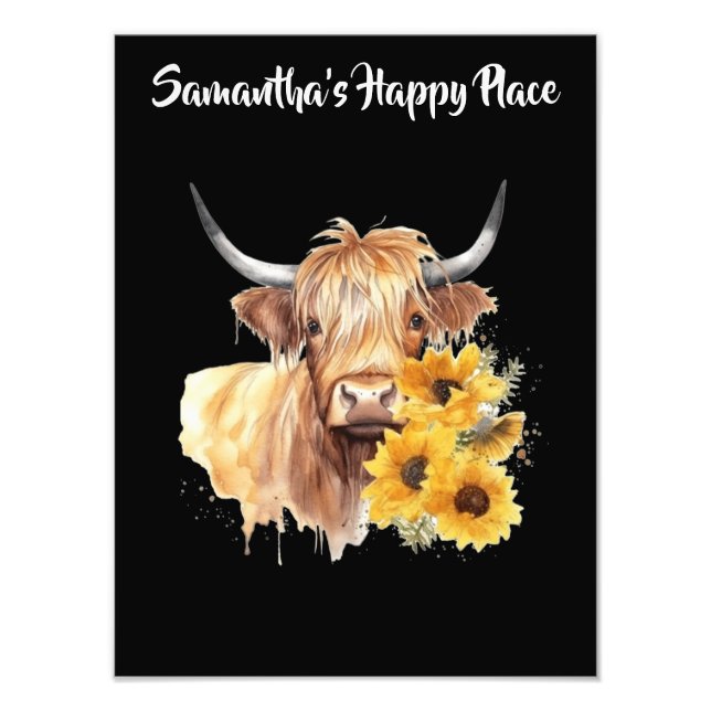 Scottish Highland Cow with Sunflowers. Editable Photo Print (Front)